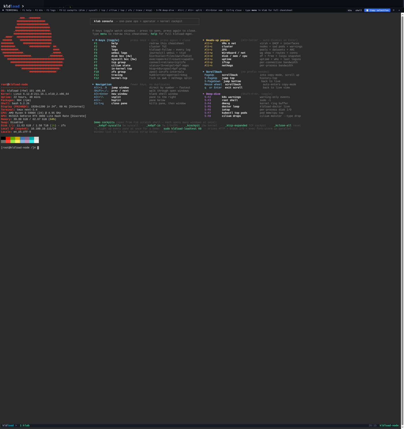 Console home — fastfetch greeting + F-key cheatsheet