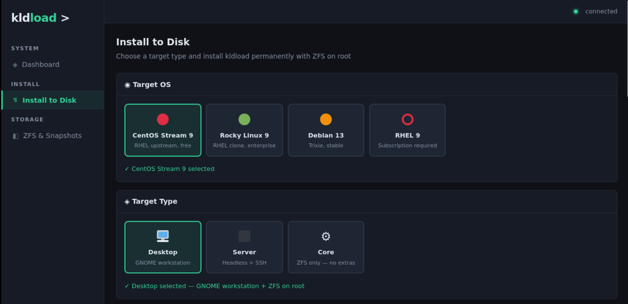 kldload installer — 4 distros, 3 profiles