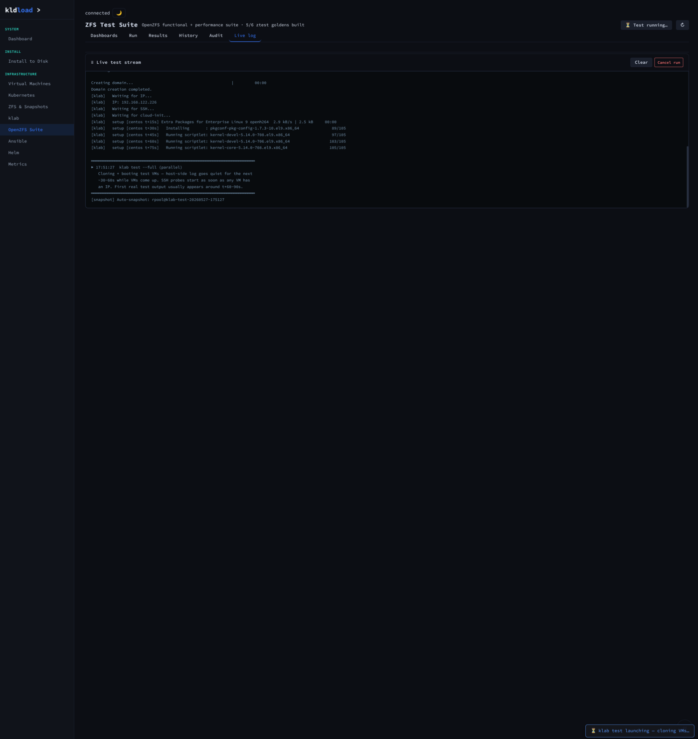 OpenZFS Suite — test launch live log (t=0 to t+60s)