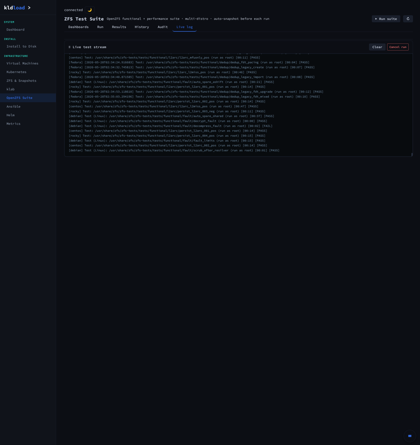 OpenZFS Suite — Live log stream