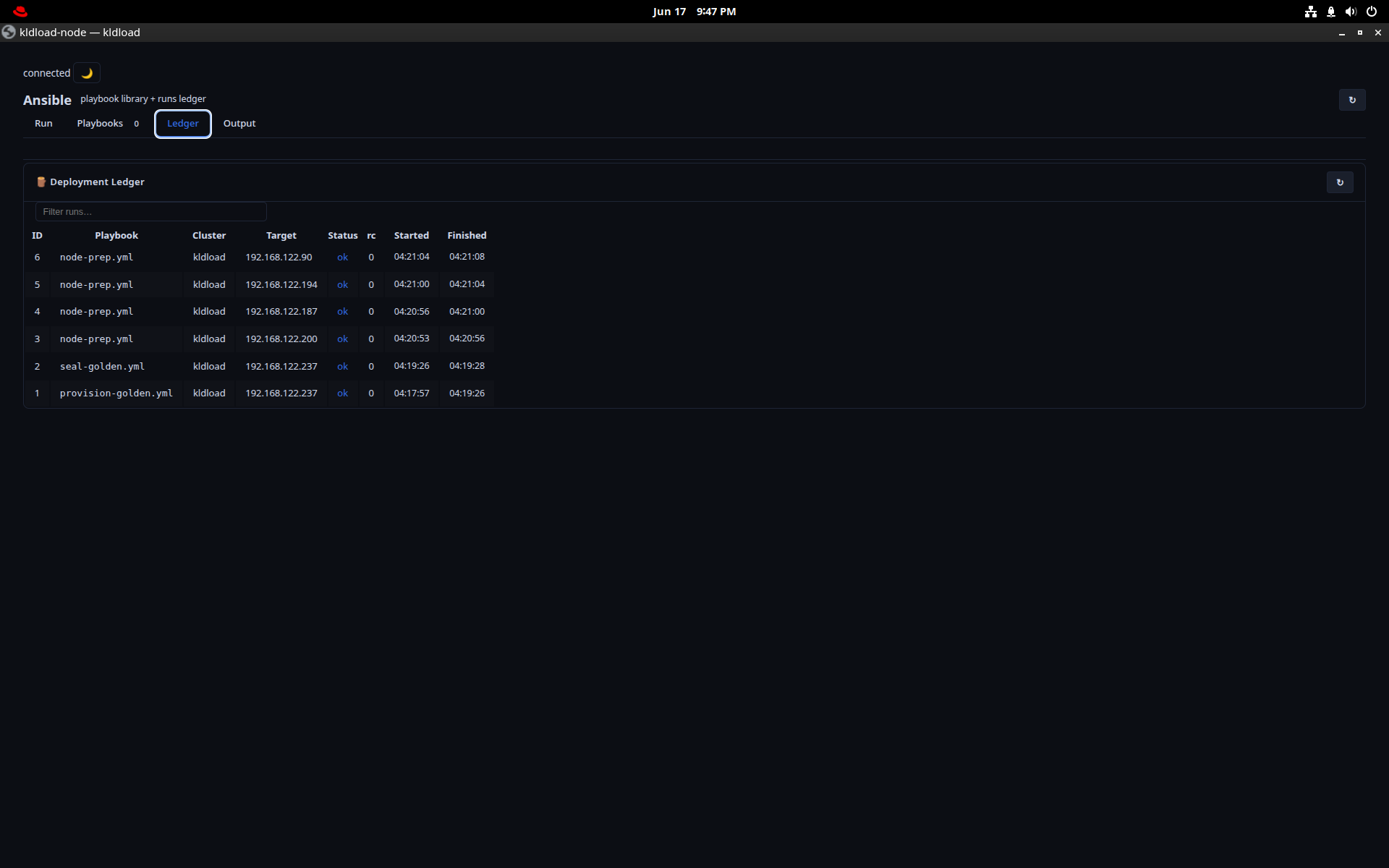 Ansible deployment ledger — playbook runs across nodes
