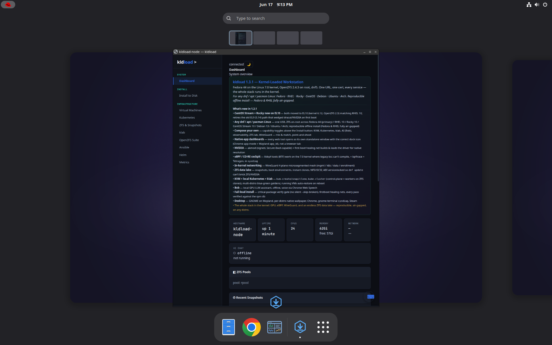 kldload web UI dashboard on the desktop with the dock