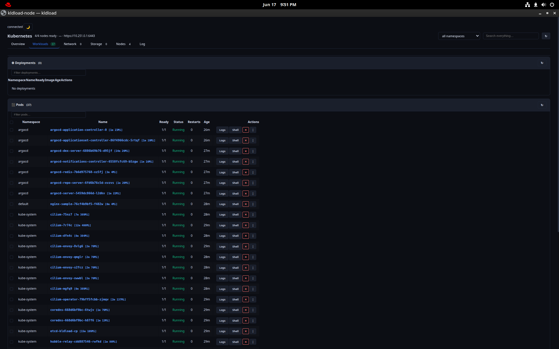 Kubernetes web UI — deployments and workloads across namespaces