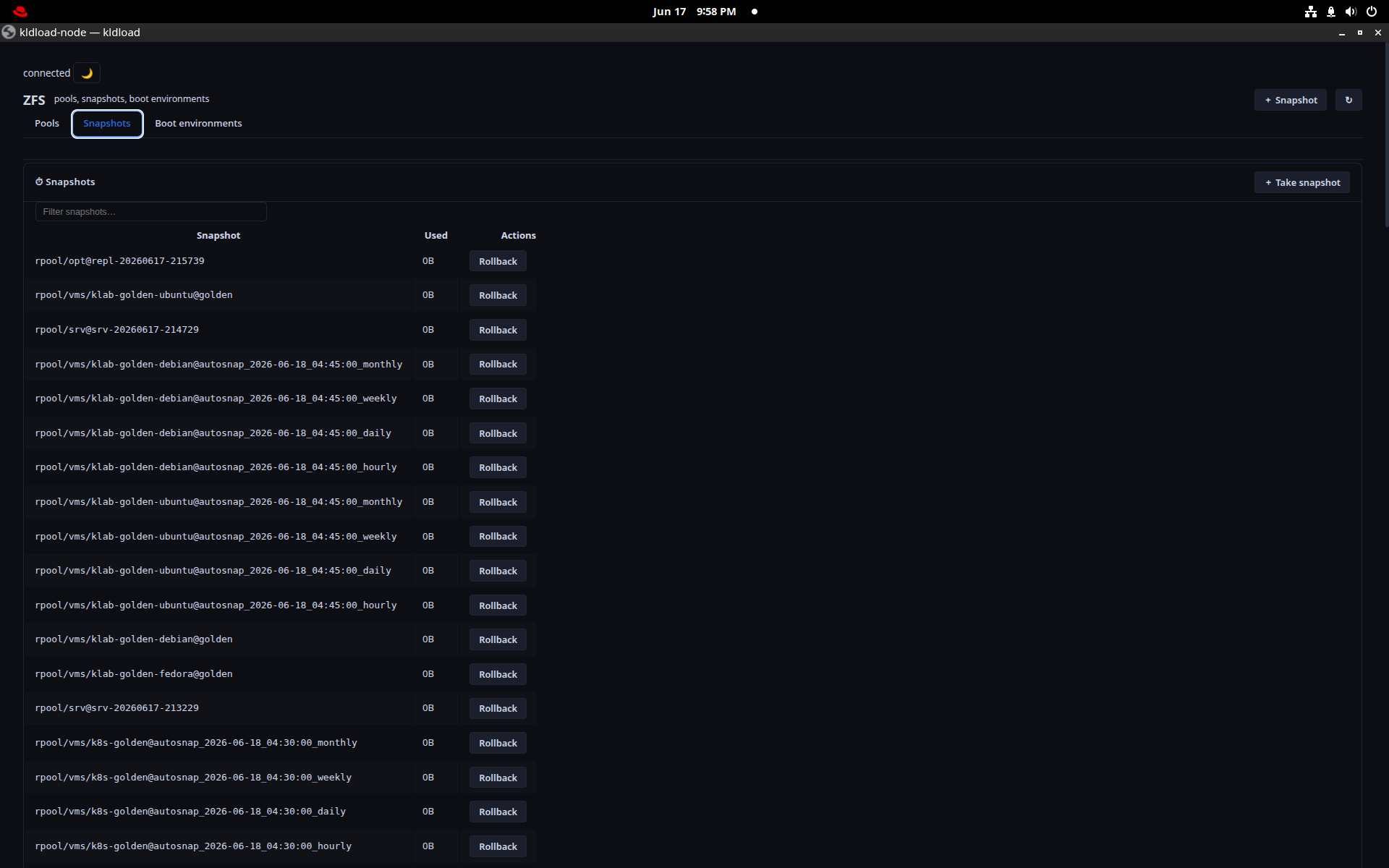 ZFS Snapshots web UI — snapshot list with Rollback buttons