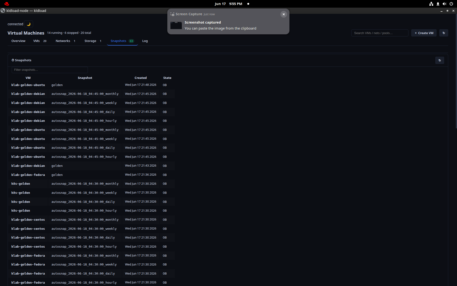 VMs snapshots tab — automatic per-VM zvol snapshots