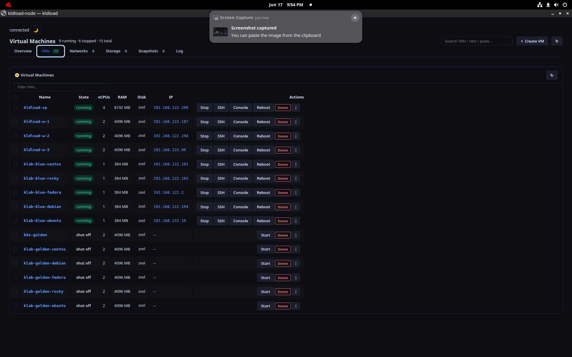 Virtual Machines web UI — VM list with Stop, SSH, Console, Reboot, Snap, Clone actions