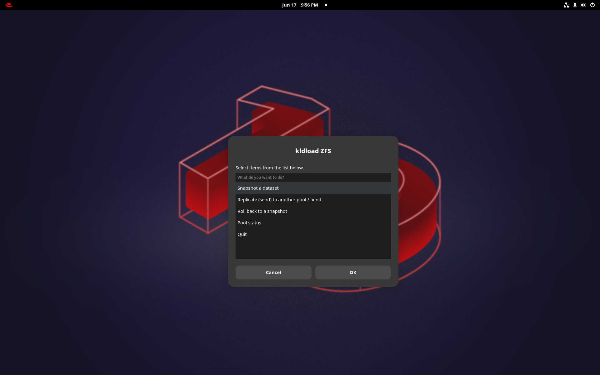 ZFS Manager — point-and-shoot action menu: snapshot a dataset, replicate, roll back, pool status