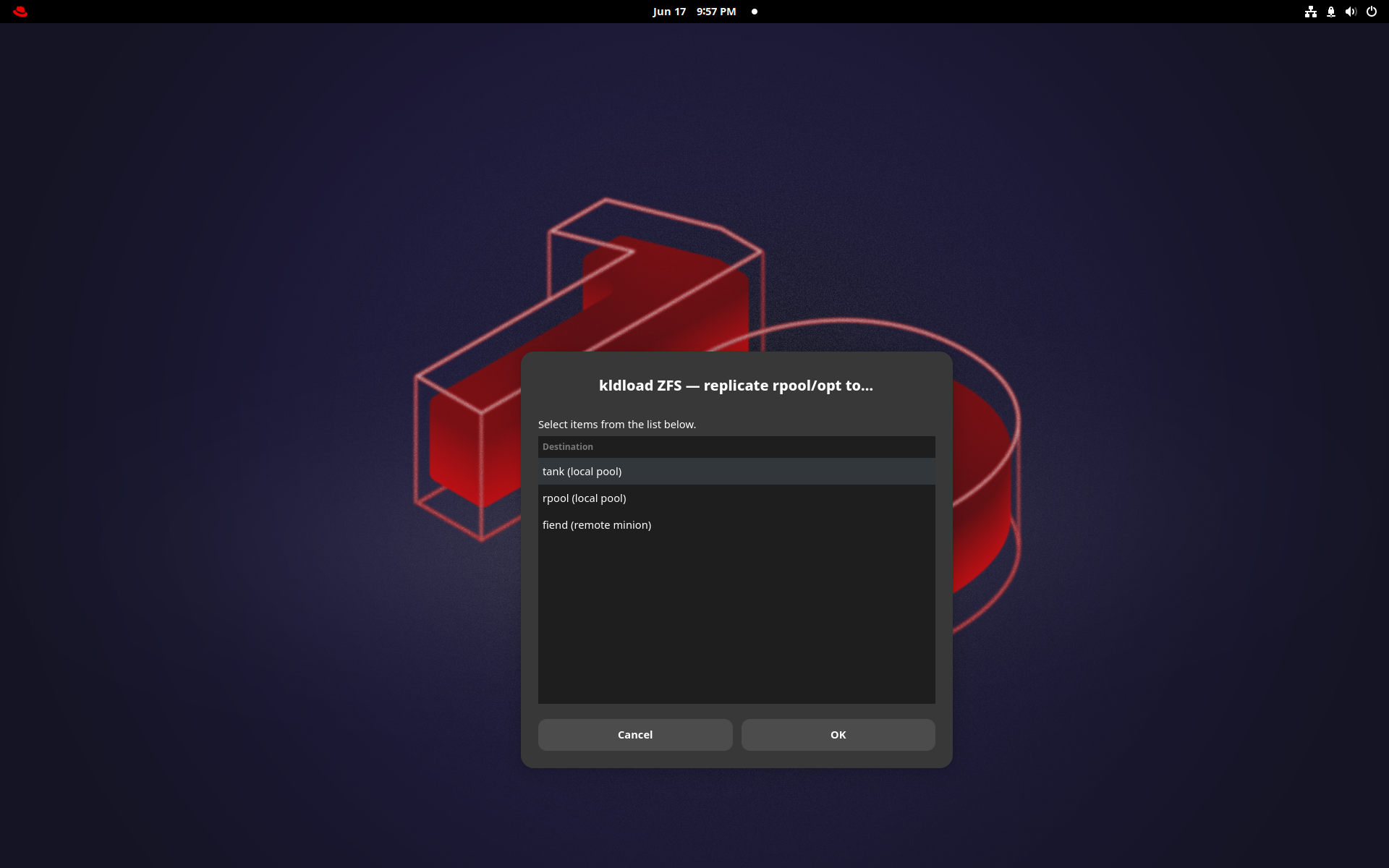 ZFS Manager replicate dialog — send a dataset to a local pool or a remote host