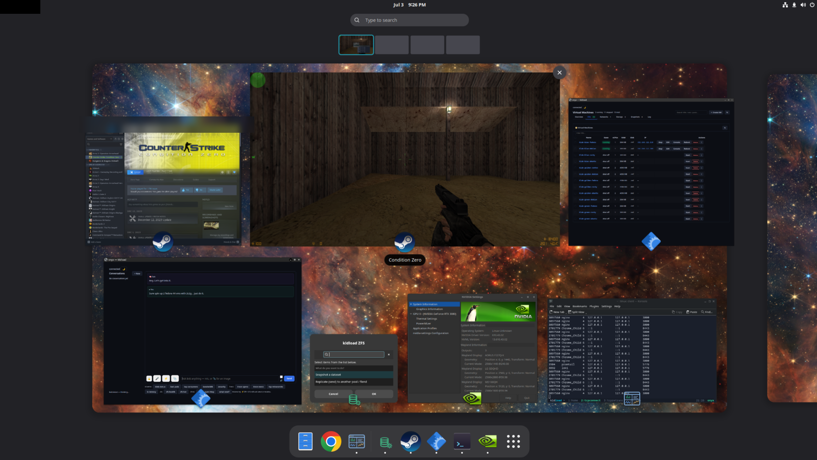 The same machine running ZFS-backed VMs, live eBPF tracing, Grafana, a local GPU AI, and Steam all at once